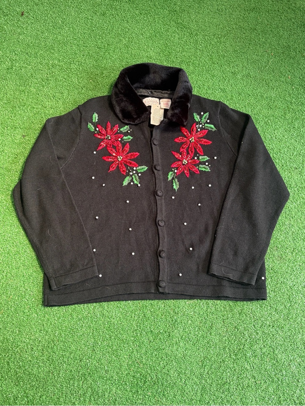 Basic Editions Black Cardigan with Red Poinsettia Embroidery